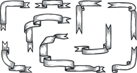 A collection of decorative ribbons and banners in vintage black and white vector style, perfect for invitations and graphic design projects