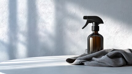 Minimalistic illustration of simple spray bottle and cloth on clean white table. scene conveys cleanliness, hygiene, organization, ideal for home care, cleaning tutorials, product design concepts