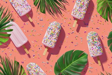 Top view ice cream bars decorated with vibrant sprinkles and green tropical leaves on coral background. scene conveys summer fun, sweetness, playful vibes