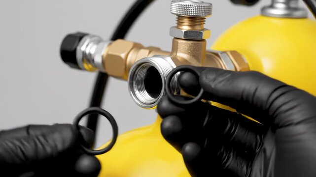 Technician Using Tweezers to Install O-Ring on Yellow Cylinder, Close Up