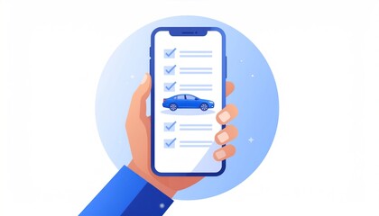 Vector illustration of a hand holding a smartphone with a digital vehicle inspection checklist for car maintenance, buying, or insurance purposes