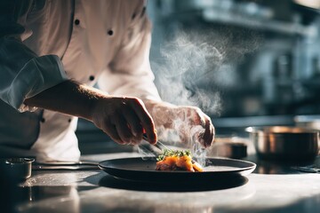 Minimalistic photo of chef in uniform preparing dish in simple kitchen background. scene conveys professionalism, culinary skill, modern kitchen aesthetics, ideal for food blogs, cooking tutorials