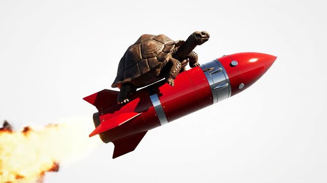 A large turtle rides a red rocket through the air against a bright, clear background