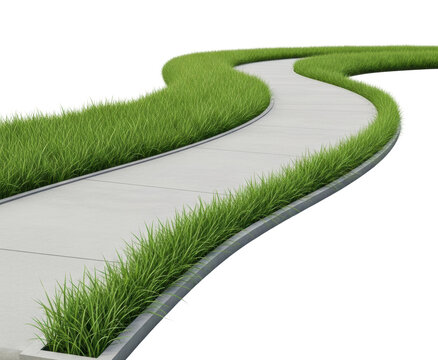 Curved pathway surrounded by lush grass urban park landscape view isolated on transparent background