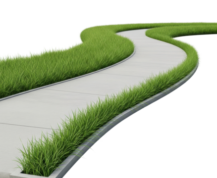 Curved pathway surrounded by lush grass urban park landscape view isolated on transparent background