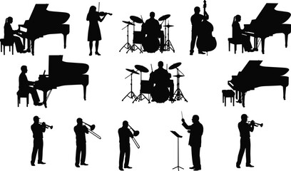 Set of vector silhouettes featuring musicians playing piano, drums, violin, and trumpet, including an orchestra conductor isolated on white. © Vector Sifat