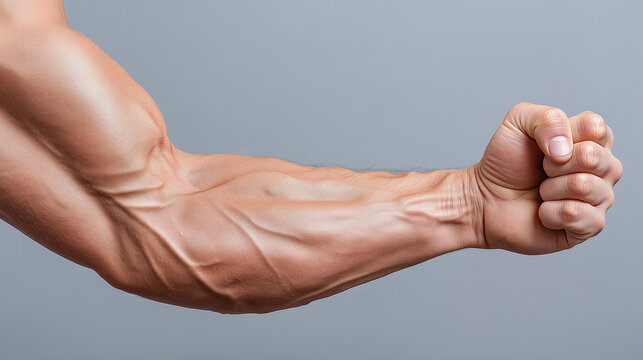 Forearm muscle arm vein skin hand fist male strength fitness Close up of forearm muscle and vein detail with clenched fist showing strength and fitness isolated on gray background