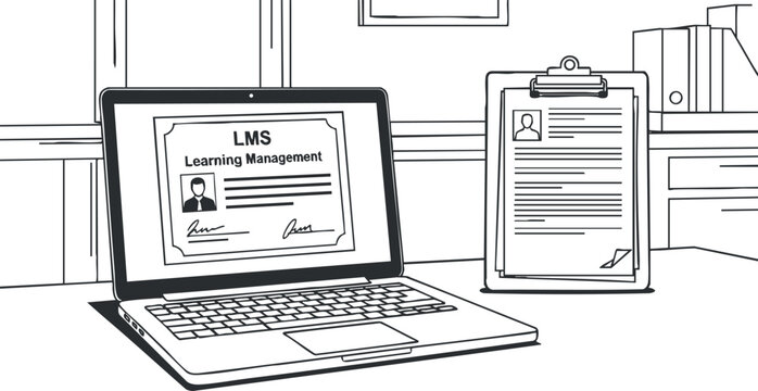 A laptop displaying a learning management system certificate alongside a clipboard in minimalist black and white vector style, suitable for educational and business presentations