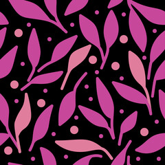 Seamless pattern with pink leaves on black background with pink little circles. Could be used as wallpaper, texture, print, fabric. 