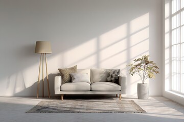 Minimalistic modern studio apartment featuring sofa, rug and lamp. scene conveys simplicity, calm, and organized living, ideal for interior design, real estate, lifestyle, home decor projects