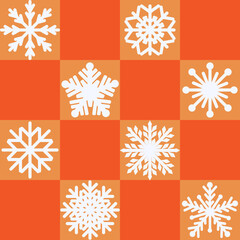 Christmas pattern with white snowflakes on orange squares background. Could be used as wallpaper, texture, print, fabric. 