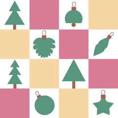 Colorful Christmas pattern on white background with pink and yellow squares,  green decorations and Christmas trees. Could be used as wallpaper, texture, print, fabric. 