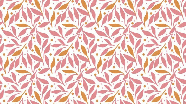 Seamless pattern video with pink and orange leaves on white background with orange and pink little circles. Could be used as wallpaper or background for any content, loops continuously. 
