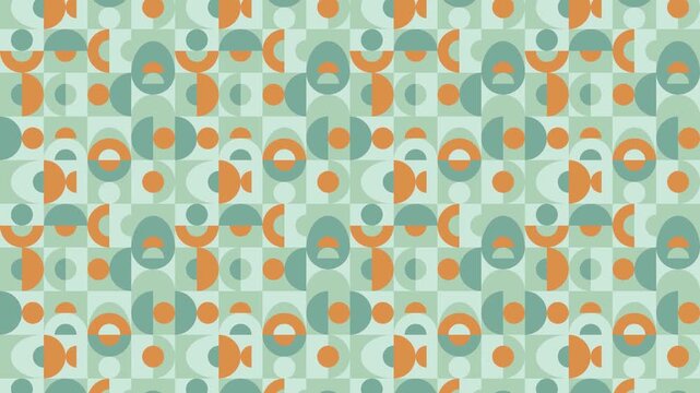 Seamless geometric shapes retro pattern video in stylish layout with orange and green circles and segments. Could be used as wallpaper, texture, print, fabric. 
