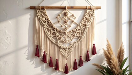 Macram&eacute; Wall Hanging with Burgundy Tassels and Potted Plants on Wooden Shelf in Bohemian Decor Setup