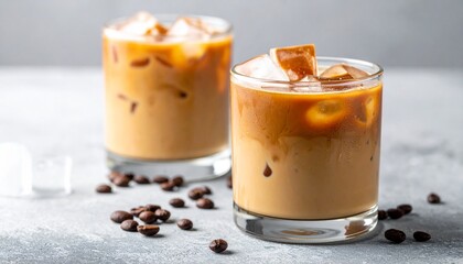 Iced Coffee with Milk Swirl in Clear Glasses on Gray Surface with Coffee Beans in Background