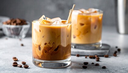 Iced Coffee with Milk Swirl in Clear Glasses on Gray Surface with Coffee Beans in Background