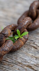 Obraz premium metal chain and plant concept, a sharp, detailed close-up of a broken, rusty metal chain on a wooden surface, with a fresh green sprout growing through it, symbolizing freedom
