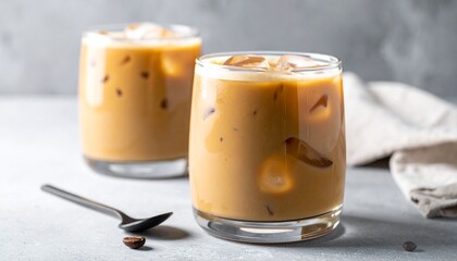 Iced Coffee with Milk Swirl in Clear Glasses on Gray Surface with Coffee Beans in Background