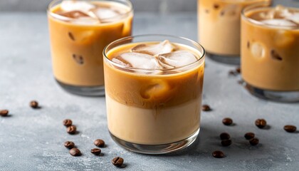 Iced Coffee with Milk Swirl in Clear Glasses on Gray Surface with Coffee Beans in Background