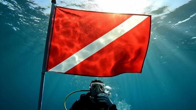 Scuba Diver Ascending Below Dive Flag in Deep Blue Sea