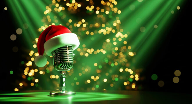 Retro microphone with Santa hat on stage. Festive concert invitation. Christmas karaoke background for greeting card.