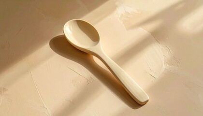 Cream-Colored Spoon on Light Beige Surface with Natural Sunlight in Minimalist Close-Up Composition