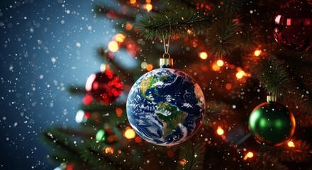 Earth globe Christmas ornament hanging on a festive tree with bokeh lights and falling snow. Global holiday season, peace, unity concept.