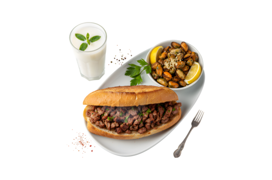 Turkish Kokorec - a sandwich made with lamb intestines, served with midye ayran Enjoy this unique delicacy!