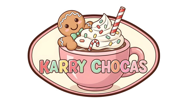 Adorable Christmas Hot Chocolate Mug with Gingerbread Man, Candy Cane, Sprinkles for Karry Chocas Logo Design