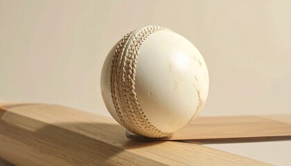 White Cricket Ball on Wooden Bat Edge in Close-Up Composition with Neutral Background