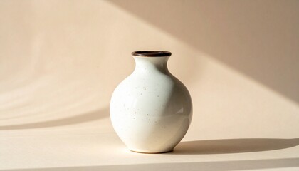 Ceramic Vase with Dark Rim on Beige Textured Background in Minimalist Artistic Composition