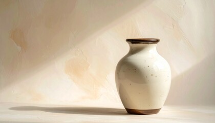 Ceramic Vase with Dark Rim on Beige Textured Background in Minimalist Artistic Composition
