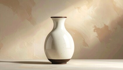 Ceramic Vase with Dark Rim on Beige Textured Background in Minimalist Artistic Composition