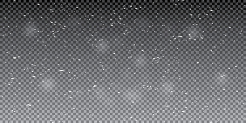 Falling snowflakes in transparent beauty, delicate and small, isolated on a clear background. Snowflake elements, snowy backdrop. Vector illustration of intense snowfall, snowflakes.