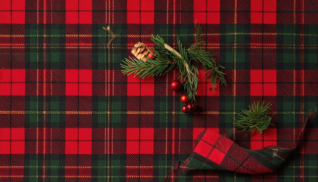 Festive red and green tartan fabric with pine branch and red berries.