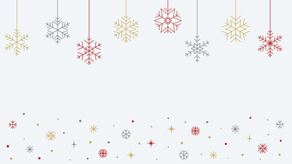 Winter snowflake scene with hanging festive ornaments and colorful sparkling accents, bright seasonal background for Christmas and New Year greeting designs