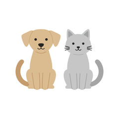 Cute dog and cat sitting side by side in Flat vector style