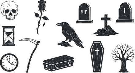 Naklejka premium A collection of spooky Halloween-themed icons including a skull, raven, rose, tombstones, and more in black and white vector style