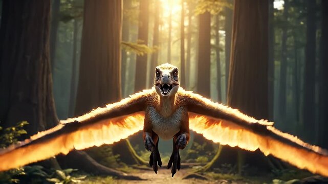 Flying Reptile with Golden Wings Soaring in Forest Under Sunlight