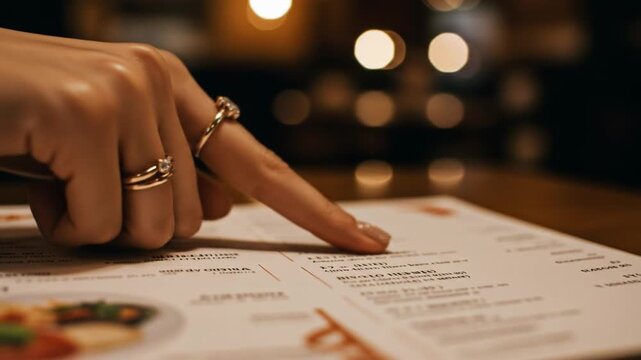 Close-up of a person's ring-adorned hand pointing at a menu in a dimly lit restaurant with bokeh lights in the background