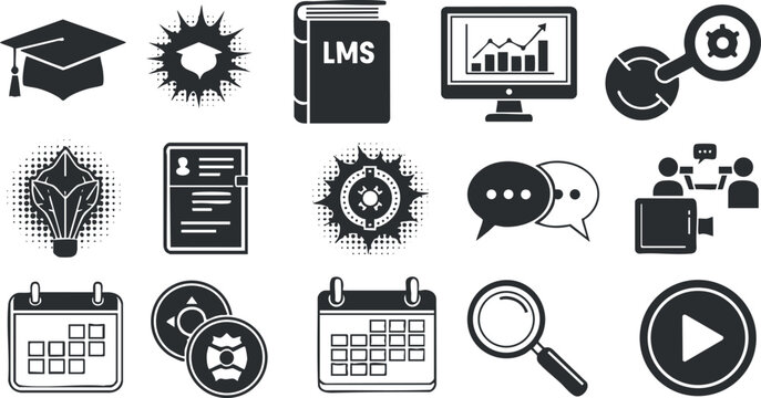 A set of educational and technological icons in black and white vector style, ideal for e-learning platforms and digital applications