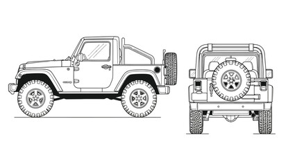Off road vehicle technical drawing side and rear view classic suv blueprint with spare tire silhouette