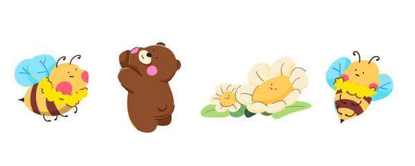 Obraz premium Cute cartoon elements, bear, flower, bee.