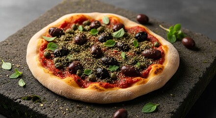 Delicious homemade pizza with olives capers and herbs on a rustic stone background