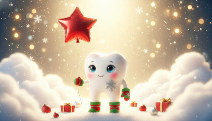 Obraz premium Cute tooth mascot holding a red star balloon in a snowy Christmas scene. Dental care concept for holiday season. Child friendly dentistry.
