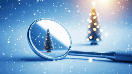 Naklejka premium Christmas tree reflected in dental mirror with falling snow. Winter holiday dental care concept. Happy new year celebration background.