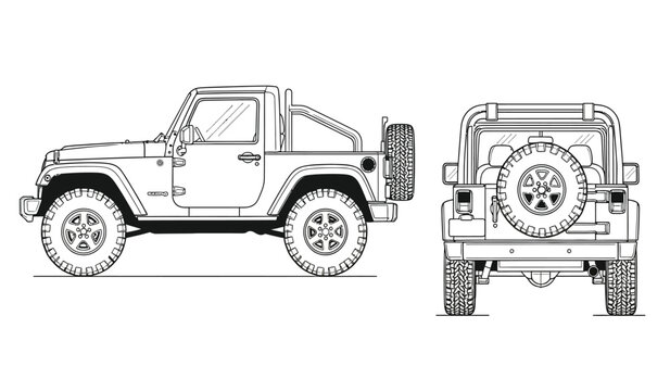Off road vehicle technical drawing side and rear view classic suv blueprint with spare tire silhouette