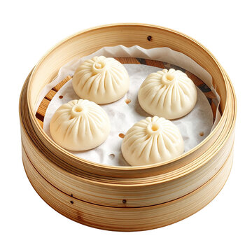 Four steamed buns in a bamboo basket, on paper