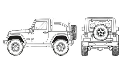 Off road vehicle outline drawing with front and side views ideal for automotive design projects featuring a distinctive silhouette style silhouette